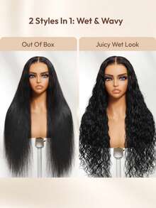 13x4 假发 Bye Bye Slip Pre Everything Wet And Wavy 二合一直发变水波纹真人发假发，带隐形抽绳，发质自然黑，适合所有头围，透明蕾丝，100% 真人发，Unice Hair - SNatural - 查看 6