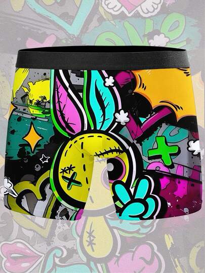1 قطعة سروال داخلي للرجال بطباعة فن الشارع والغرافيتي، بطبعة أرنب كرتوني، من قماش البوليستر، ملابس كاجوال مريحة، هدية فريدة للرجل، عيد الحب، الذكرى السنوية، عيد الميلاد، هدية زفاف للحبيب والزوج، جميل، بسيط، ممتع، رائع لممارسي اللياقة البدنية