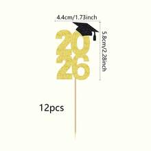 12/24pcs Glitter 2025 Graduation Cap Cupcake Toppers, 2025 Graduation Cap Cupcake Picks, Suitable For 2025 Graduation Theme Party Cake Decorations - Multicolor - View 5