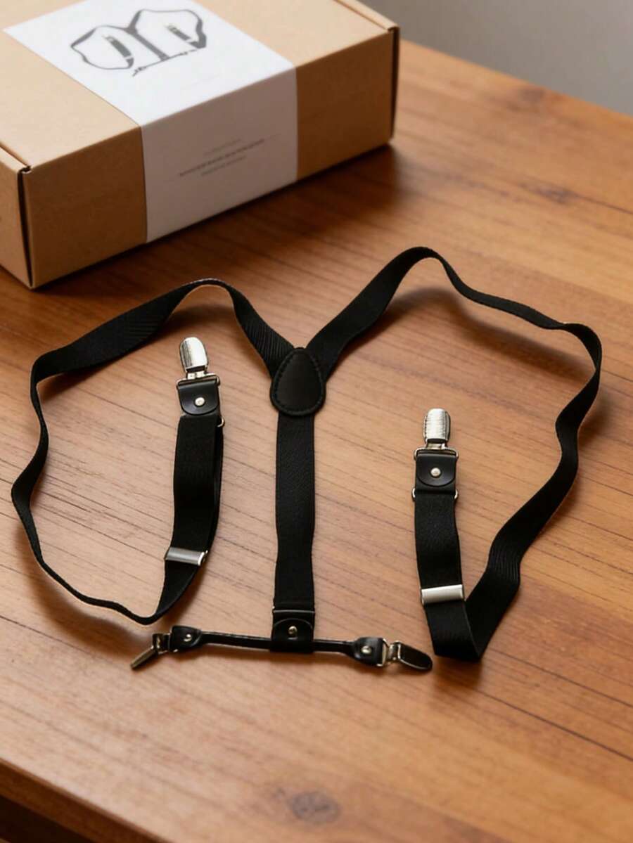 1条男士黑色纯色四夹可调节弹力背带，日常西装裤肩带配饰，适合作为节日礼物