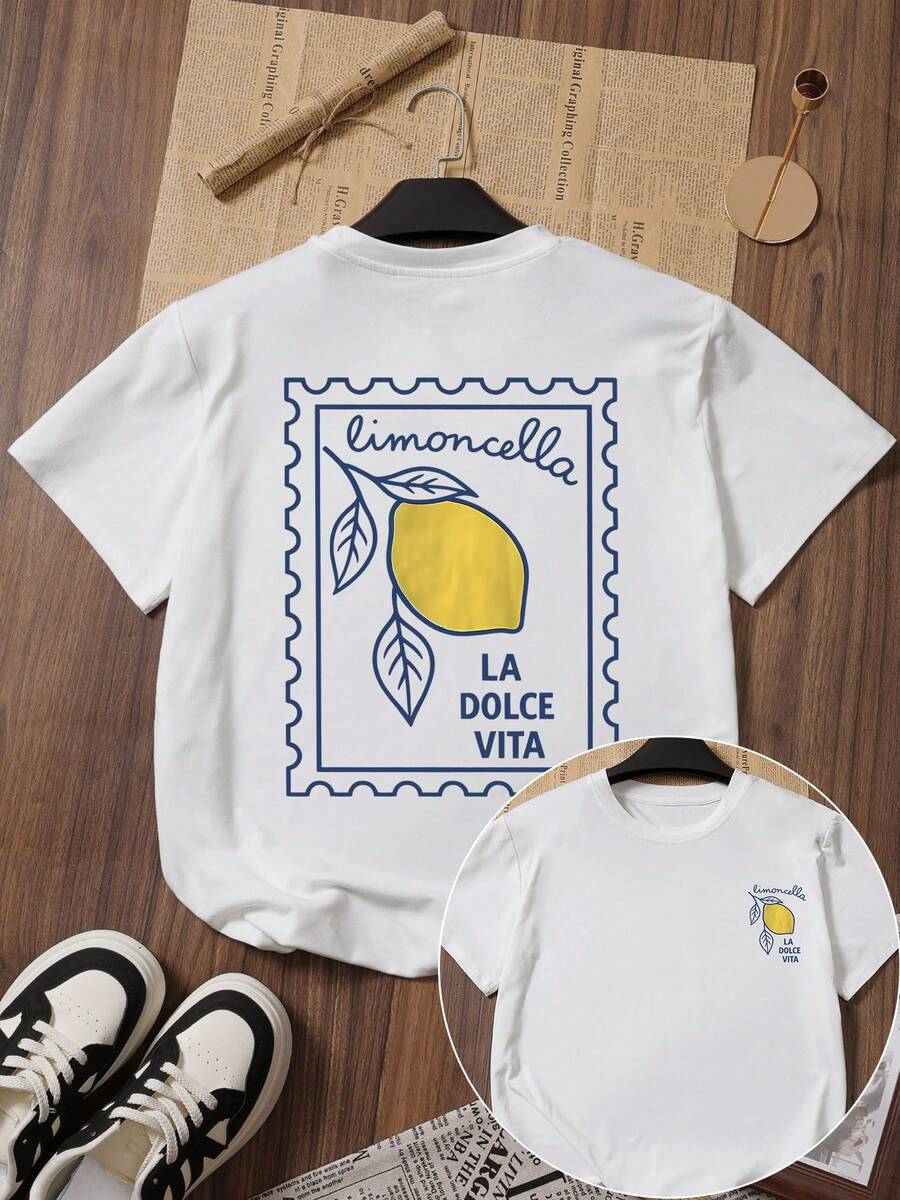ZZG Es Trus Damen Sommer Lustiges Grafik T-Shirt, Hip-Hop "Stempel Stil", Zitronenblatt, Limoncello, LA DOLCE VITA bedrucktes lässiges Retro Y2K Stil figurbetontes weißes Kurzarm T-Shirt - Weiss - Übersicht 1