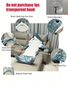 1pc Adult Shark Hooded Blanket, Shark Costume, Wearable Shark Blanket, Comfortable Shark Pajamas, Super Soft Flannel Shark Hooded Blanket, Family Shark Hooded Blanket, Wearable Shark Sleeping Bag, Women/Men Gift, Personalized Gift, Shark Hoodie Blanket, Cozy Flannel Shark Sleeping Bag Sofa Blanket New Cartoon Animal Cute Interesting Sleeping Bag Adult Style, Animal Pajamas - Multicolor - View 18
