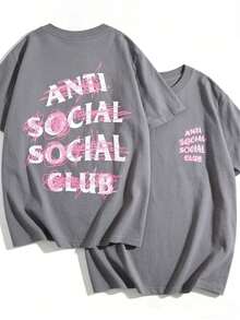 Double-Sided Printed, Anti Social Club Printed T-Shirt, Suitable For Daily Wear, Casual Summer Wear, Slightly Elastic, Breathable, Outdoor Holiday Sports, Gift T-Shirt, Holiday Gift, Perfect Gift. Loose-Fit T-Shirt, Unisex, Casual & Everyday Style, Versatile For Spring, Summer & Autumn,Summer Outfits,Camisas,Camisas Para Mujer,Playeras,Playeras De Mujer,Vintage,Easter Outfit Women,Mother's Day - Grey - View 7
