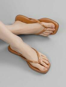 Rihero Women's Flip Flops Comfortable Classic Square Toe Beach Sandals Slip On Leather Thong Flat Sandals Dressy - 譚 - 查看 1