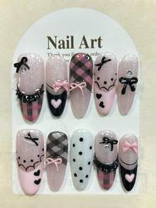 10 Móng Tay Giả Thủ Công Màu Đen Hồng Họa Tiết Kẻ Caro Kiểu Pháp Ngọt Ngào Hình Công Chúa Ballet Có Nơ Dễ Thương, Có Thể Tháo Lắp Và Tái Sử Dụng (1 Tờ Miếng Dán Jelly + 1 Giũa Móng) - Hồng - Xem 4