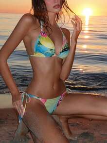 2026 女士三件套比基尼，时尚热带印花网纱面料，适合摄影、度假、海滩穿着 - 彩色 - 查看 4