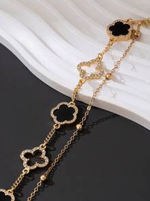 1 chiếc vòng tay hai lớp hình cỏ bốn lá rỗng, sang trọng, đính đá lấp lánh, thiết kế độc đáo (Do cắt thủ công, số lượng hạt trên dây có thể thay đổi, nhưng chiều dài cuối cùng vẫn giữ nguyên). - màu đen - Xem 5