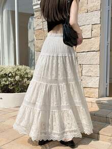 2025 Women's Summer Lace Hollow-Out A-Line Skirt, French Style Fairy Dress With Flowy Pleated Hem - White - View 3