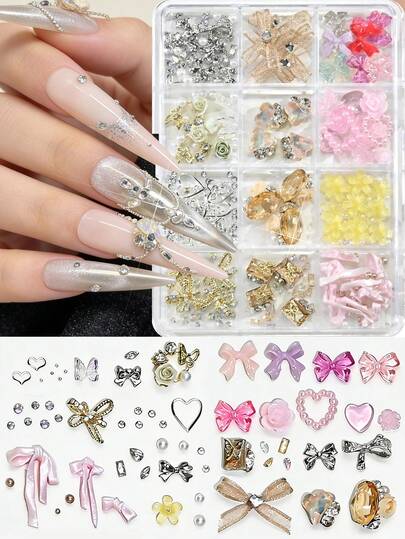 12Grids Luxury 3D Crystal Rhinestone Bow & Rose Nail Charms Set - Elegant Heart,Big Rhinestone Nail Art Decorations, Shiny Crystal Faux Pearl Nail Gems For Wedding/Daily/Office/Date Night DIY Manicure & Salon Use - Kawaii Y2K Nail Accessories DIY & Salon Manicure, Perfect Gift For Women & Girls And DIY & Salon Manicure