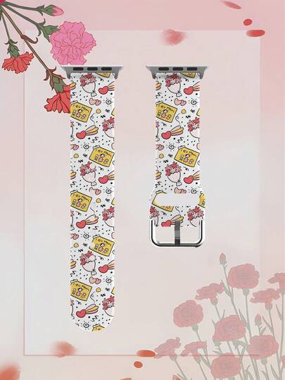 1pc Mother's Day Handpainted Illustration Soft Elastic Breathable Replacement Watch Band, Compatible With Samsung, Honor Smartwatches, 38mm 40mm 41mm 42mm 46mm 45mm 44mm 49mm, Holiday Gift Carnation Rose Heart Pattern Casual Silicone Watch Band Compatible With Apple Watch Ultra SE/11/10/9/8/7/6/5/4/3/2/1