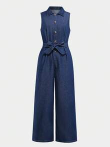 Teen GirlDenim Jumpsuit, Spring/Summer Lapel Sleeveless Top With Waist Belt And Wide Leg Pants, Casual Elegant Outfit For 13-16 Years Old - Medium Wash - View 1