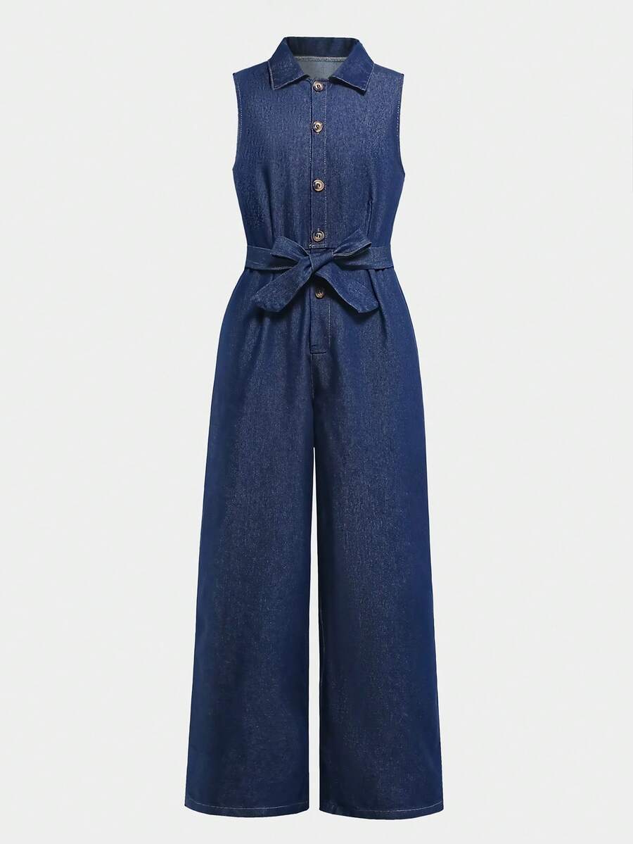Teen GirlDenim Jumpsuit, Spring/Summer Lapel Sleeveless Top With Waist Belt And Wide Leg Pants, Casual Elegant Outfit For 13-16 Years Old - Medium Wash - View 1
