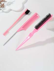 3pcs Hair Styling Brush Set, Teasing Brush, Rat Tail Comb, Edge Brush For Smoothing And Styling Hair - Pink - View 2