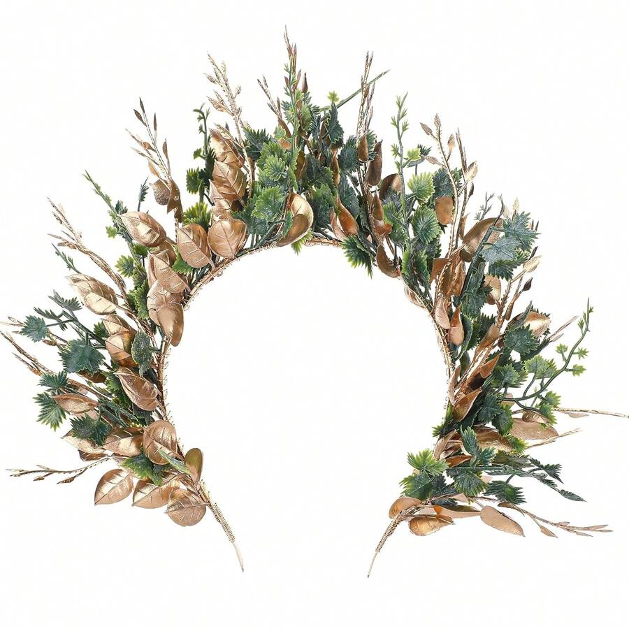 Handmade Woodland Halo Crown - Forest Headband Flower Hairband Goddess Floral Crown For Women S Cosplay Party Renaissance Carnival Wedding Photo Shoot Gold Green - Green - View 1