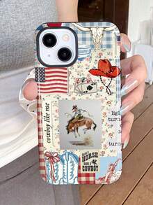 1pc Retro Patchwork Illustration, American Flag, Poker Pattern Glossy 2-In-1 Filmic Hard Phone Case, Compatible With Samsung/ 11/12/13/14/15/16/17 Pro Max - Multicolor - View 1