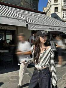 女士休闲套装 - 拼接吊带背心和条纹长袖上衣 - 藍條紋 - 查看 3