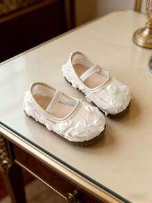 春季新款儿童透气网面公主鞋，韩版女童刺绣软底鞋，时尚防滑女童皮鞋 - 米色 - 查看 1