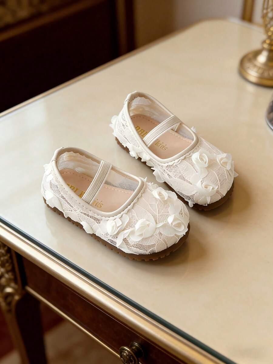 春季新款儿童透气网面公主鞋，韩版女童刺绣软底鞋，时尚防滑女童皮鞋 - 米色 - 查看 1