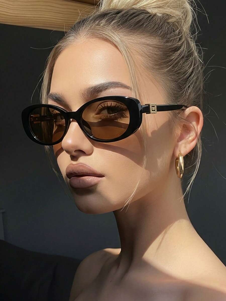 1 Cặp kính thời trang gọng oval kiểu retro dành cho nữ, phù hợp cho bãi biển, lễ hội âm nhạc và sử dụng hàng ngày. - Những lát trà đen sáng màu - Xem 1
