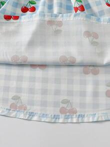3pcs Young Girls' Summer Casual Dress Set, Featuring Puff Sleeve, Cherry Plaid, Bow Print, Suitable For Vacation, Beach, Outdoor, Daily Wear - Multicolor - View 7
