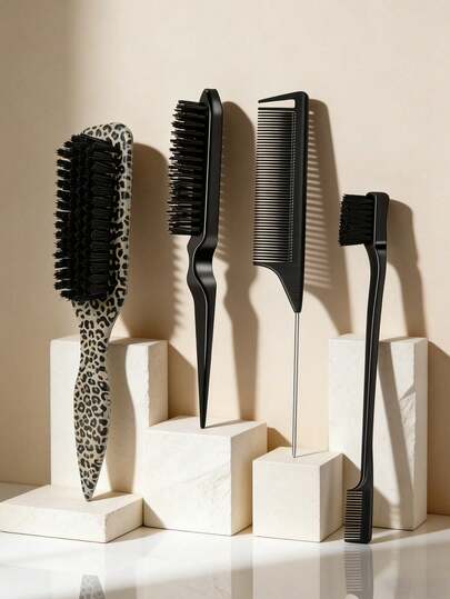 4 piezas Conjunto de cepillos para cabello y barba grasosa para hombres, cepillo de barba de mango largo, peine y cepillo para cabello graso, cepillo de cabello liso de unicolor, peine y cepillo para recortar y dar forma a la barba de los hombres, peine y cepillo con estampado de leopardo, herramientas de peinado con accesorio para la cola del cabello, cepillo/peine para el cabello, esenciales para volver a la escuela, viajes y vacaciones, accesorios para el cabello de mujer