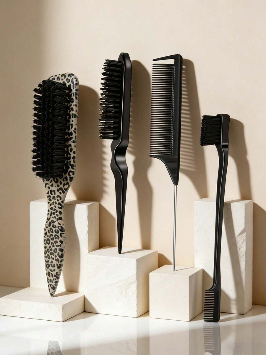 4件套男士油发胡须刷,长柄胡须清洁刷,油梳和发刷,纯色,直发梳,男士胡须造型梳,豹纹梳,豹纹发刷造型工具 - 彩色 - 查看 1