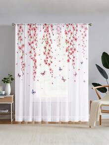 1件浪漫樱花2D印花窗帘，清新粉色蝴蝶图案窗帘 - 彩色 - 查看 1