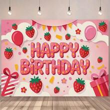 1pc 2D Flat Strawberry Balloon And Banner Birthday Party Decor, With "Happy Birthday" Text, Perfect For Home, Garden, Strawberry Themed Party, Indoor And Outdoor Decoration, Holiday Design, Birthday Party, Photo Backdrop Decoration - View 1