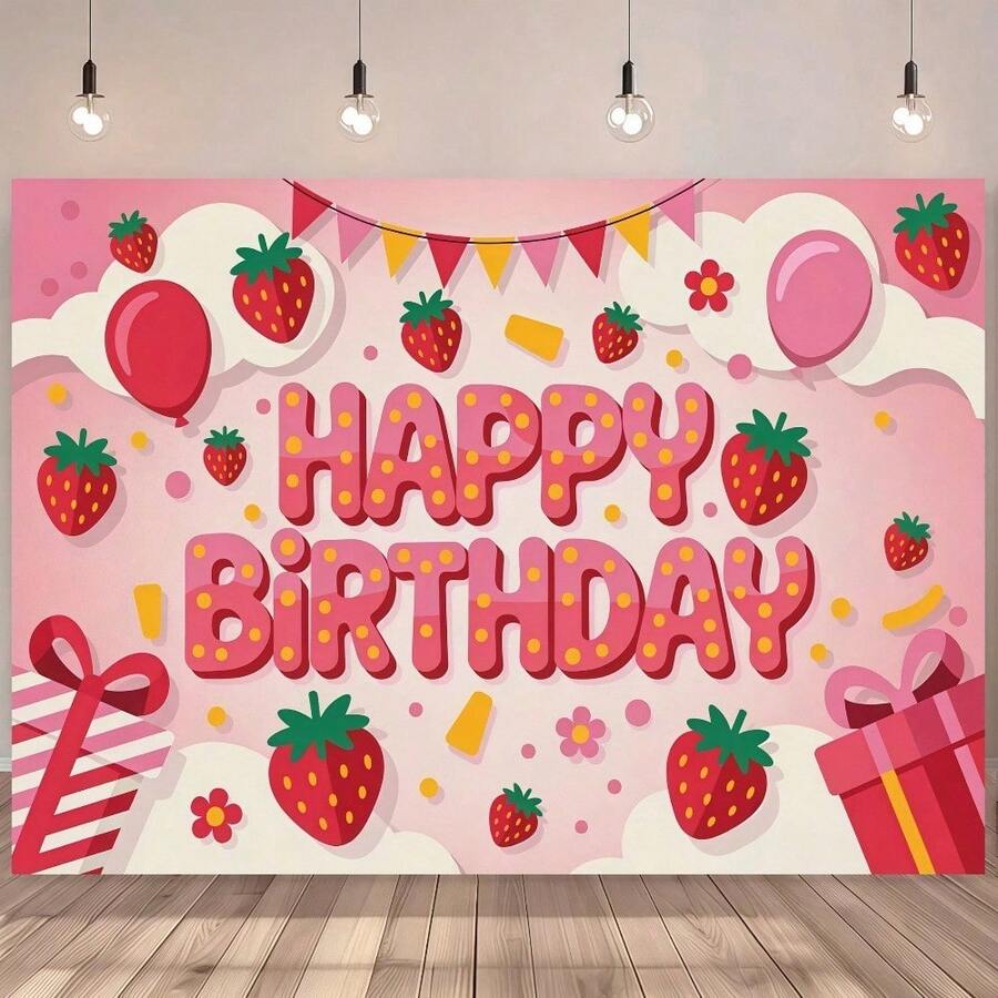 1pc 2D Flat Strawberry Balloon And Banner Birthday Party Decor, With "Happy Birthday" Text, Perfect For Home, Garden, Strawberry Themed Party, Indoor And Outdoor Decoration, Holiday Design, Birthday Party, Photo Backdrop Decoration - View 1