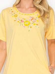 Women Short Sleeves Embroidered Cotton Blend Lounge Wear  Sets - Yellow - View 3