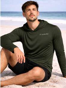 Men's UV Sun Protection Shirt With Hood, Long Sleeves - 墨綠色 - 查看 4