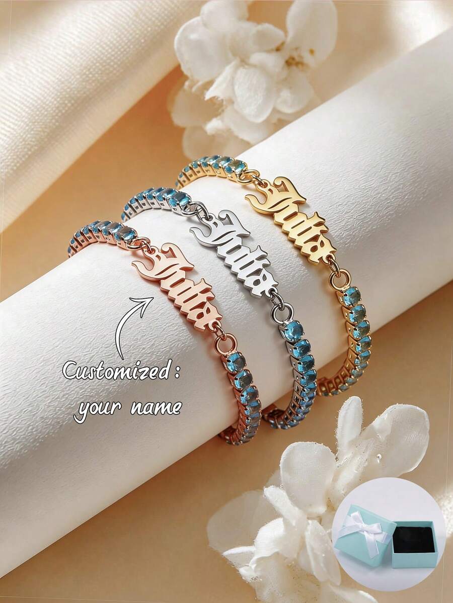 Customized Gothic Style Personalized English Name Blue Zirconia Inlaid Bracelet, Mother's Day Gift, Valentine's Day Gift, Birthday, Anniversary, Friend, Graduation, Christmas, High-End Family Gift - Style 1 - View 1