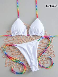 Two-Tone Patchwork Thong Bikini Set, Beach Vacation Party Swimwear - Mix - View 2