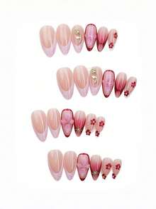 24Pcs Long Stiletto Press On Nails Pink Purple Gradient Flower Nail Art With Pearls & Rhinestones Luxury Glossy Acrylic Fake Nails Reusable False Nails For Women - Mauve Purple - View 6