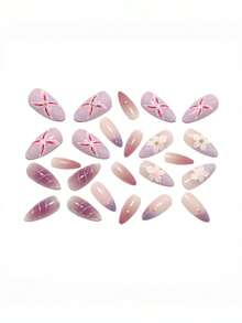 24Pcs Long Stiletto Press On Nails Pink Purple Gradient Flower Nail Art With Pearls & Rhinestones Luxury Glossy Acrylic Fake Nails Reusable False Nails For Women - Mauve Purple - View 8