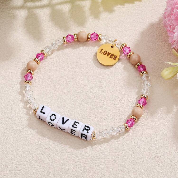 1件优雅字母串珠多面玻璃吊坠女士手链，适合日常佩戴、派对、送礼、珠宝首饰 - 彩色 - 查看 9