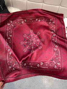 1条70x70厘米女士缎面印花小方巾，可作领巾、头巾、窄领带 - 酒紅色 - 查看 3