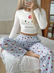 SANRIO 两件套女士Hello Kitty印花圆领长袖上衣+松紧腰直筒裤睡衣套装 - 藍色 - 查看 1