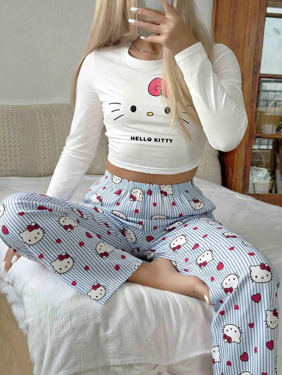 SANRIO 两件套女士Hello Kitty印花圆领长袖上衣+松紧腰直筒裤睡衣套装 - 藍色 - 查看 1