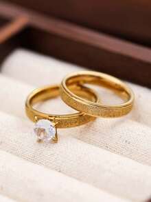 1 Pair Stainless Steel Rings, European And American Fashion Couple Rings, Matte Stainless Steel Inlaid Wedding Rings, Valentine's Day Gift - Yellow Gold - View 2