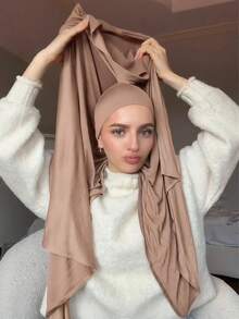 1 chiếc khăn trùm đầu Jersey may liền kèm mũ lót, chất liệu mềm mại, thoáng khí, thích hợp mặc hàng ngày, dự lễ hội, cầu nguyện, hành hương, có thể kết hợp với áo Abaya. - Màu Khaki - Xem 7