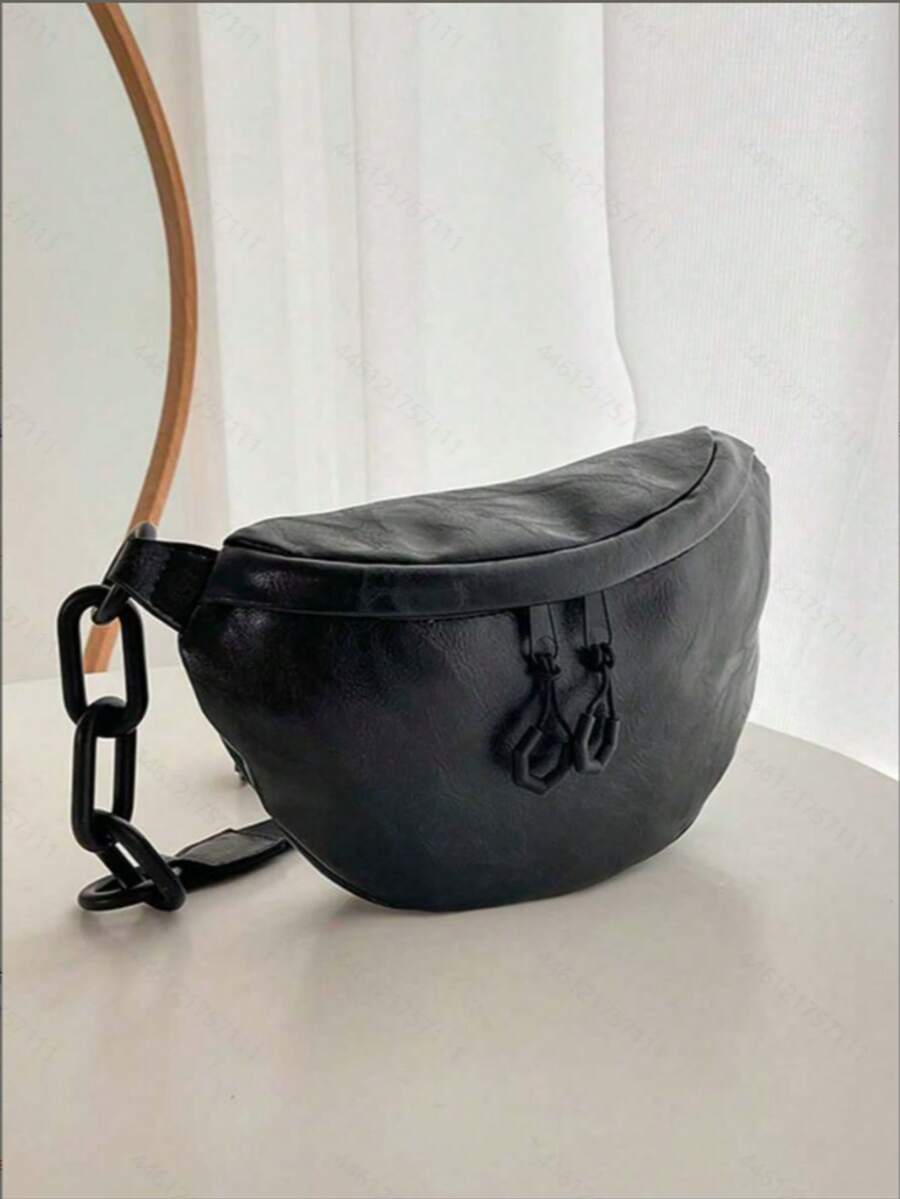 时尚软皮腰包街头风斜挎包设计师女式胸包休闲旅行女式单肩斜挎包手机包 - 黑色 - 查看 1