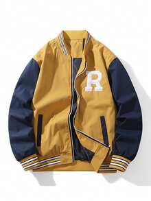 男士夹克，棒球领外套，微弹力花卉几何图案，春秋季休闲字母印花夹克 - 适合作为礼物 - 黃色 - 查看 1