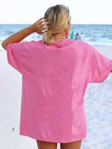 Oversized Women's Casual Overstimulated Graphic Short Sleeve T-ShirtNew Stylish T-Shirt-Summer Apparel, Unisex, Vintage Heavyweight Loose Washed T-Shirt, Suitable For Outings, Casual Street-Style Top - 粉色 - 查看 2