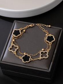 1 chiếc vòng tay hai lớp hình cỏ bốn lá rỗng, sang trọng, đính đá lấp lánh, thiết kế độc đáo (Do cắt thủ công, số lượng hạt trên dây có thể thay đổi, nhưng chiều dài cuối cùng vẫn giữ nguyên). - màu đen - Xem 4