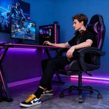 Gaming Chair With Headrest And Lumbar Support, Ergonomic High Back Office Chair, Racing Style Executive Computer Desk Chair, Leather Adjustable Swivel Task Chair For Home Office (White) - Purple - View 2