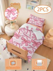 2PCS Toddler Bedding Set Pink Bow Duvet Set(Four Season Collection) Double-Faced Duvet Cover Set For Baby Children'S Machine Washable Suitable For Newborn Beds Crib Giving Gifts During Holidays (1 Single-Sided Printed Pillowcase+1 Double-Sided Printed Duvet Cover,No Filling Material) The Pillowcase Is Single-Sided Printed And Measures 40x60cm 100% Polyester - Multicolor - View 3