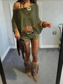 For Love & Bella 女士休闲性感 Y2K 风轻薄透视露肩短款针织衫，宽松沙滩/度假外套，春夏款，绿色，橄榄绿 - 墨綠色 - 查看 3