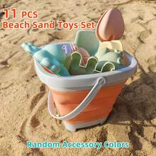 11pcs Kids Beach Toy Set - Foldable Bucket (Green/Orange) With Shovel, Star/Animal Shaped Molds (Turtle/Crab), Sieve And Rake, Random Accessory Colors, Sand And Water Play Tools, Outdoor Travel, Early Learning Beach Toys, Suitable For Girls Boys Birthday/Holiday/Summer/Beach Holiday Gift - Multicolor - View 12