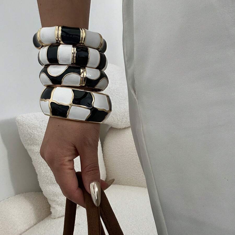 1 pieza Brazalete versátil de esmalte de goteo retro, brazalete de cuadros blanco y negro de moda - Blanco y Negro - Ver 1